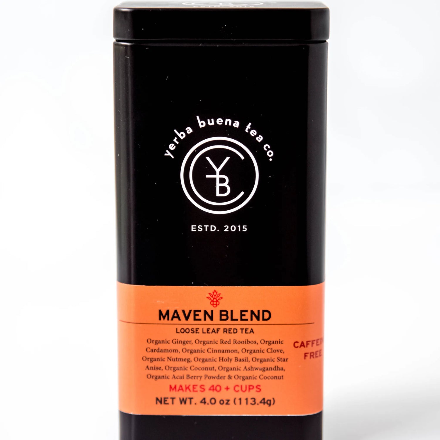 Maven Blend loose leaf red tea in black canister with orange label showing ingredients and net weight, by Yerba Buena Tea Company.