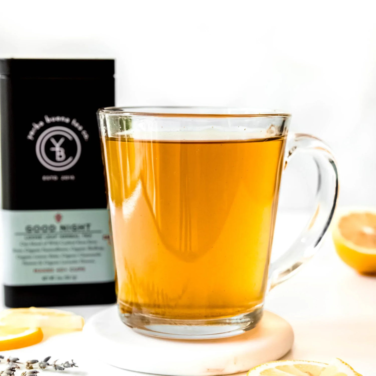 A brewed cup of Good Night organic herbal sleep tea by Yerba Buena Tea Co.