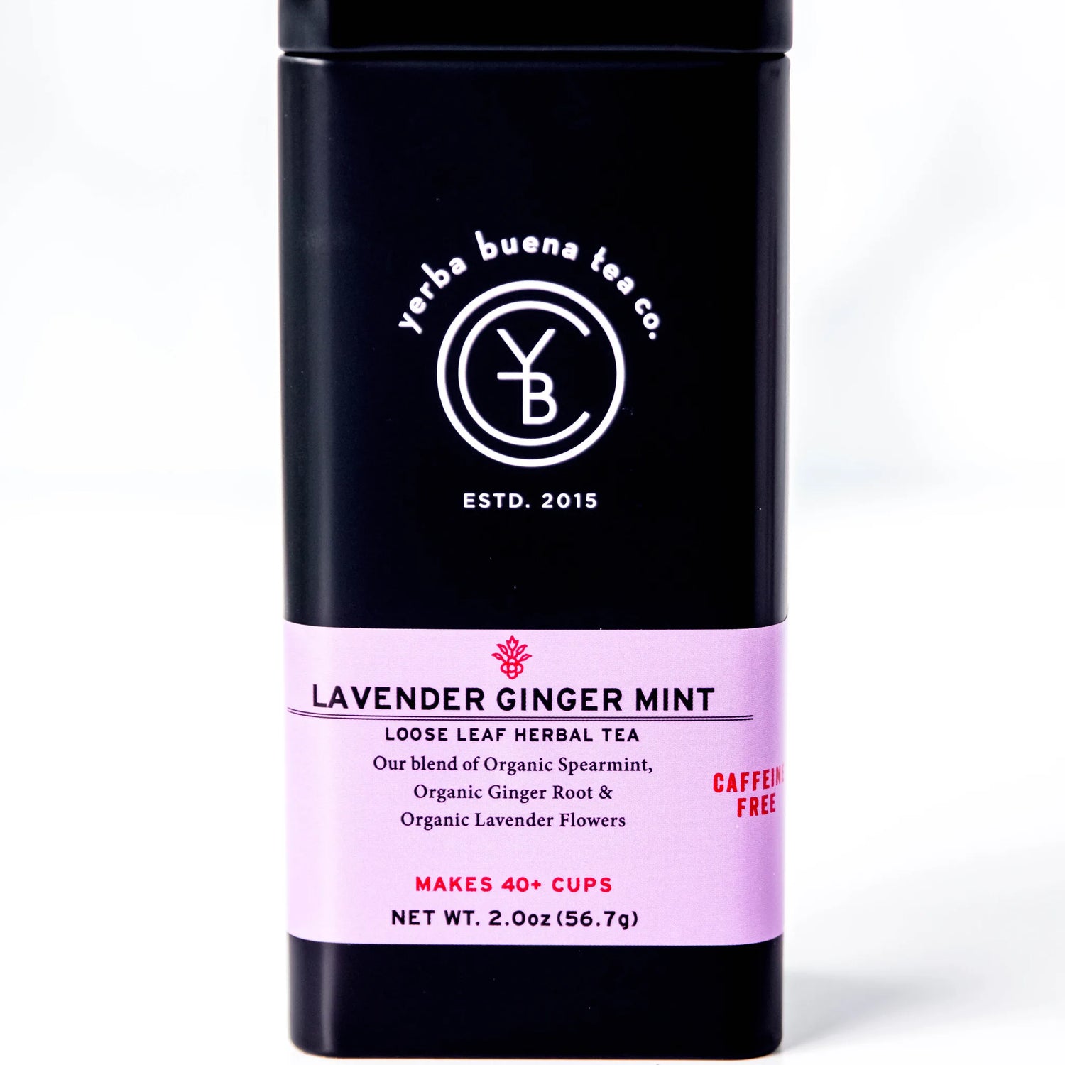 Lavender Ginger Mint loose leaf herbal tea in a black cylindrical canister with pink label, by Yerba Buena Tea Company.